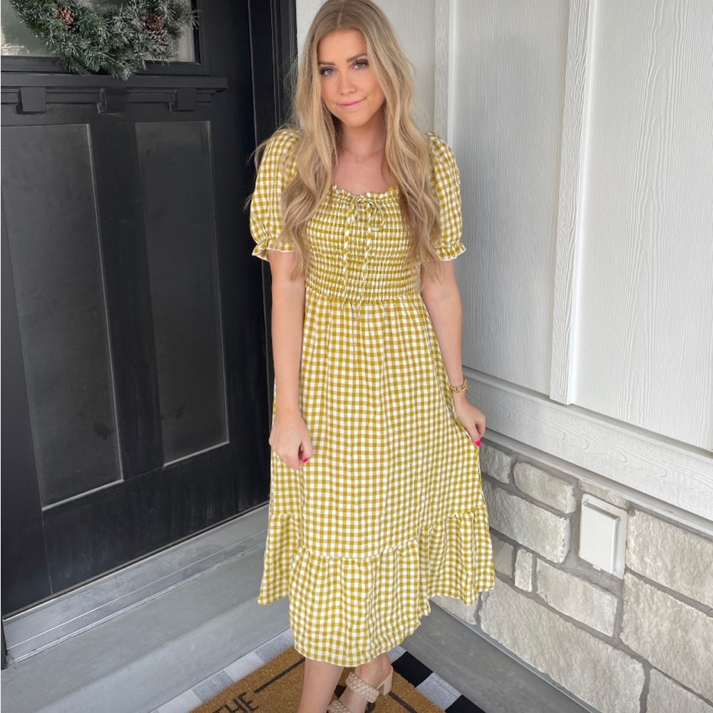 Yellow Gingham Short Sleeve Open Back Dress | size M